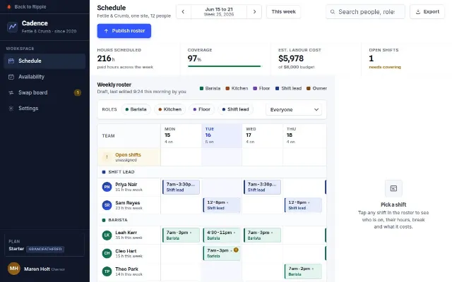 The Cadence staff scheduling web app concept by Ripple