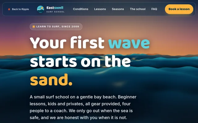 The Eastswell surf-school concept site by Ripple